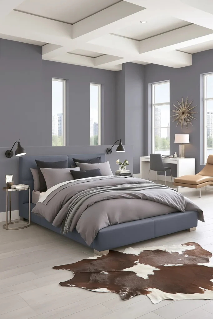 Whole House Cohesive Paint Palettes for a Calm, Connected Home 3 Modern bedroom with soft gray walls and blue-gray bedding for a gentle gray paint palette