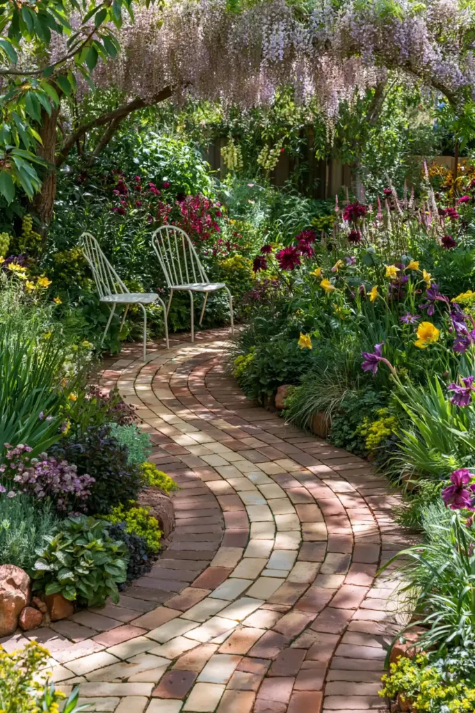 Stunning Garden Walkway Layout Ideas for a Beautiful Outdoor Path 3 Storybook brick garden path with white chairs, lush greenery, colorful blooms, and a soft wisteria canopy.