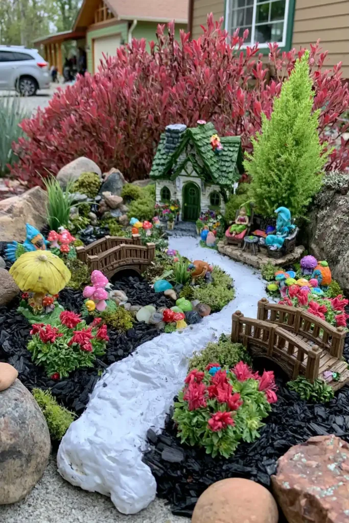 DIY Outdoor Fairy Garden Ideas for Tiny Backyard, Patio, and Seasonal Displays 10 Summer fairy garden with a white path, black mulch, red flowers, small bridge pieces, a yellow umbrella decoration, and a tiny seating area.