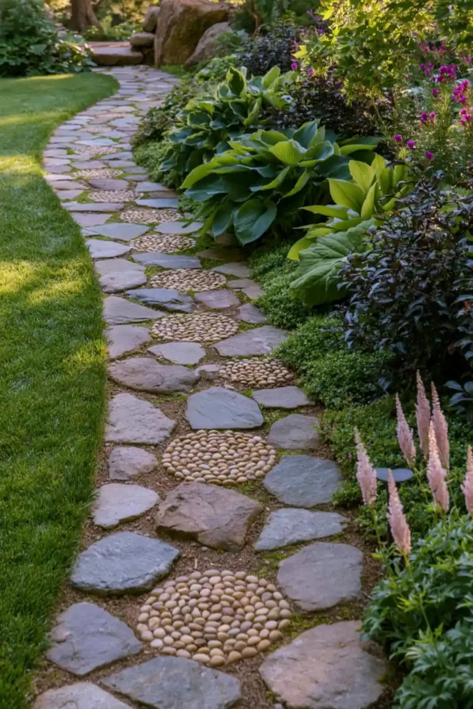 Stunning Garden Walkway Layout Ideas for a Beautiful Outdoor Path 8 Curved mosaic garden trail with irregular flat stones, circular pebble inserts, bright lawn, and lush low greenery.