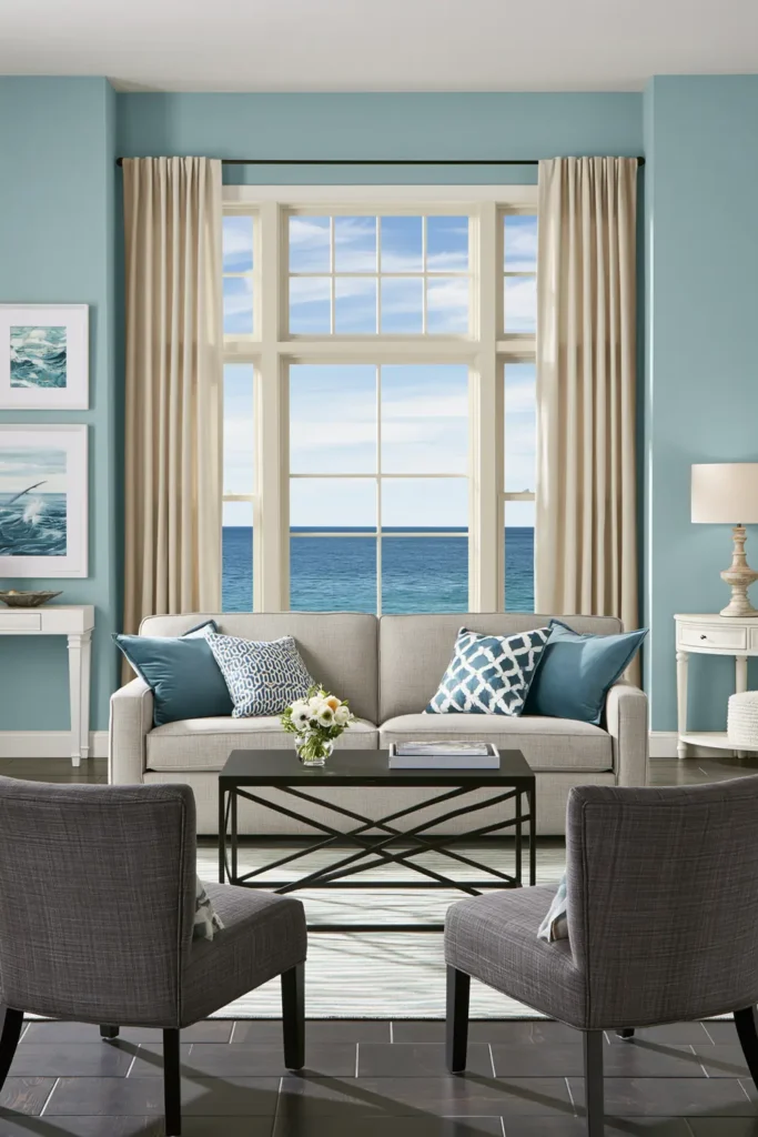 Symmetrical soft blue living room with gray sofa, dark chairs, framed artwork, and tall curtained windows