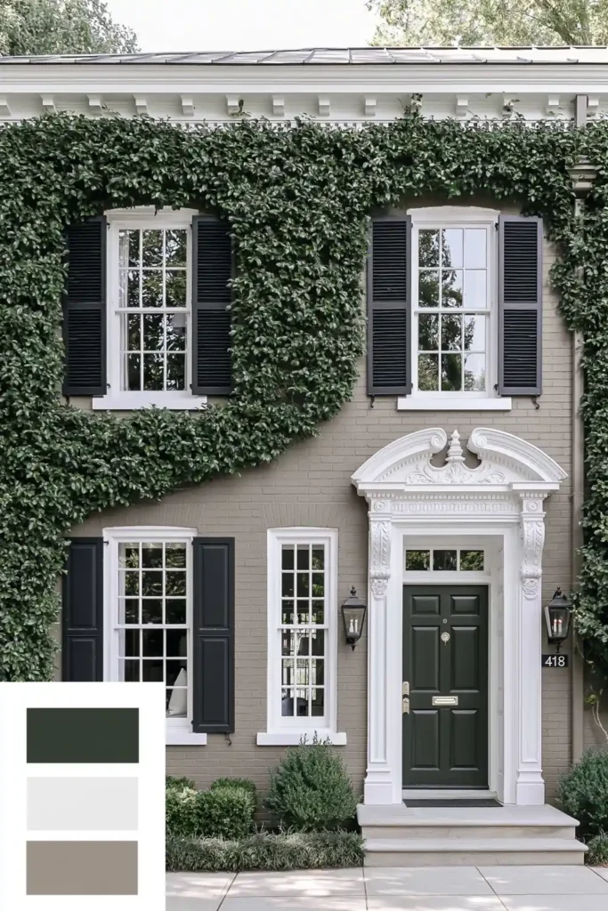 Classic Exterior Paint Color Combinations for a Timeless Home Look 5 Terra cotta painted brick exterior with black shutters, dark green front door, white trim, ivy, and low shrubs.