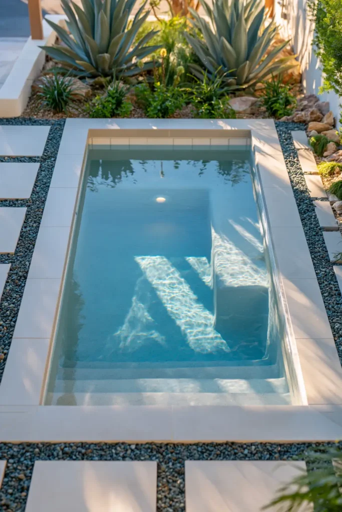 Tiny rectangular plunge pool with blue water, pale concrete border, cream pavers, dark gravel, agave-like succulents, and minimal landscaping