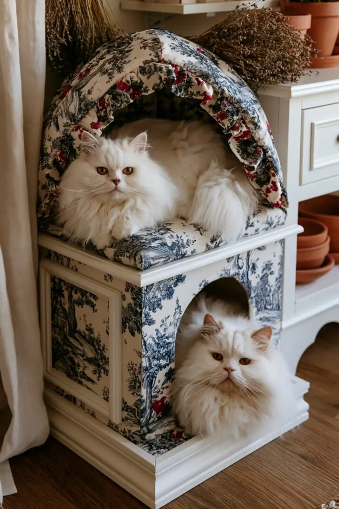 Blue and white Toile de Jouy cat tower with pastoral scenes, white cabinet, dried lavender, terra-cotta pots, and French country decor.