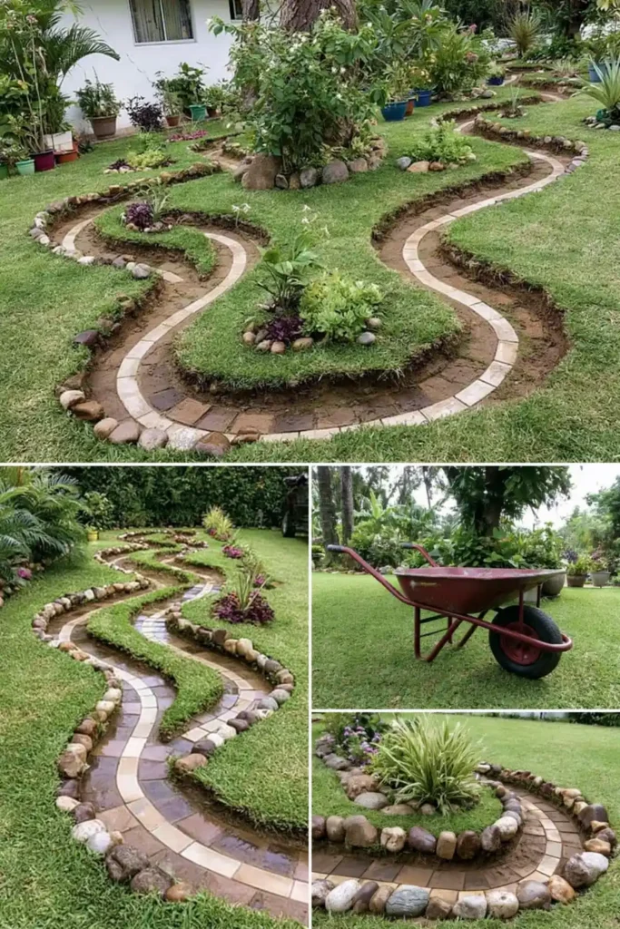 Brilliant Home Design Makeover Ideas for a More Personal Home 14 Miniature toy car roadway built into grass with curved borders, stones, plants, and a red wheelbarrow