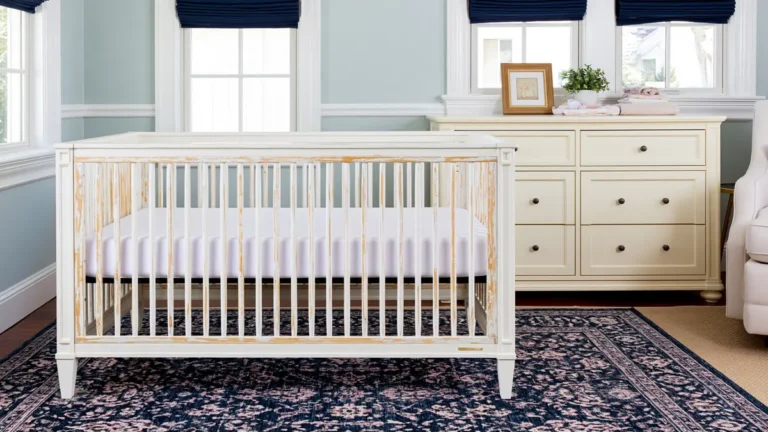 Transitional nursery design ideas with a convertible crib, cream dresser, glider, navy rug, and soft blue walls