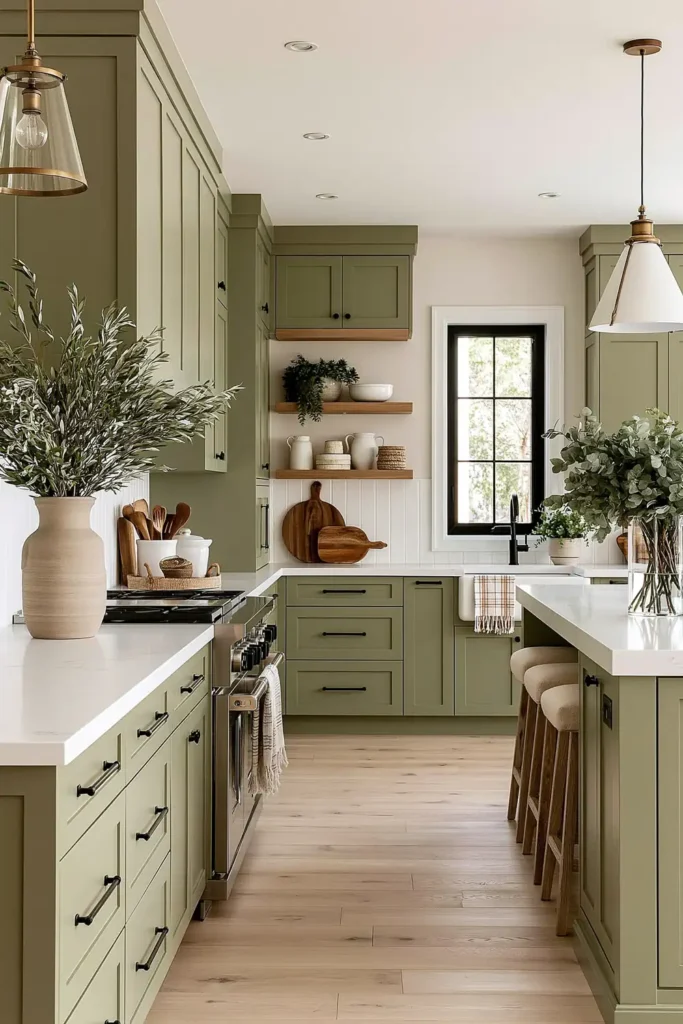 Transitional sage kitchen with white counters, stainless appliances, black hardware, pale wood floor, recessed lights, and window.