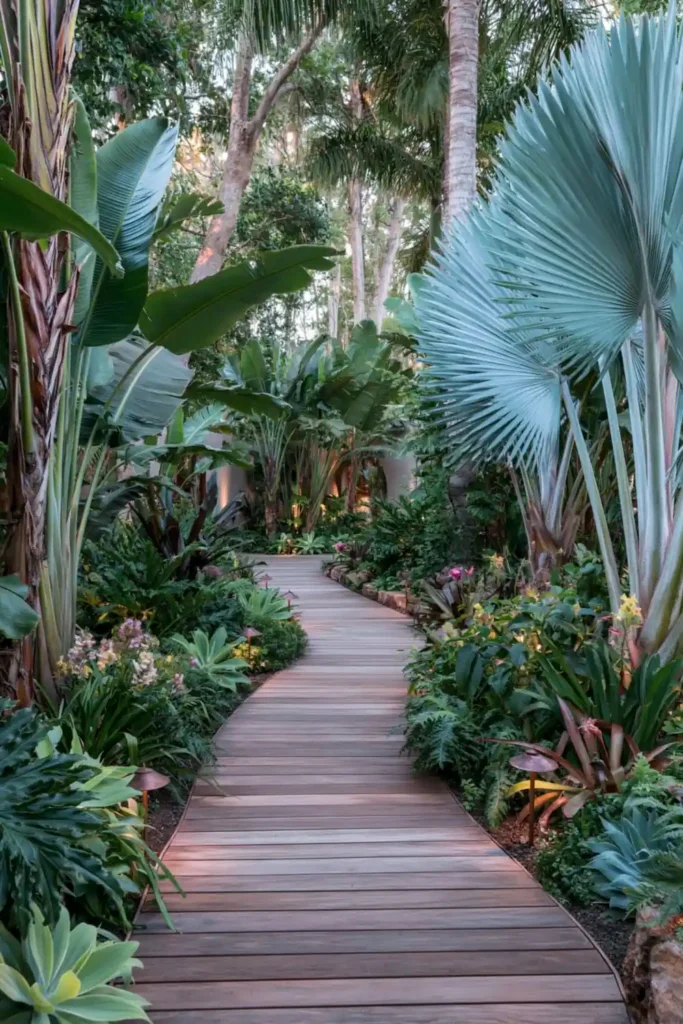 Stunning Garden Walkway Layout Ideas for a Beautiful Outdoor Path 11 Tropical boardwalk path with wooden planks, tall foliage, large leaves, lanterns, and colorful blooms.