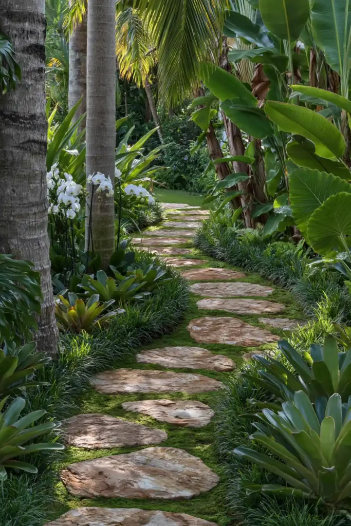 Stunning Garden Walkway Layout Ideas for a Beautiful Outdoor Path 25 Tropical retreat path with large stones, moss, orchids, palm trees, banana plants, and lush greenery.