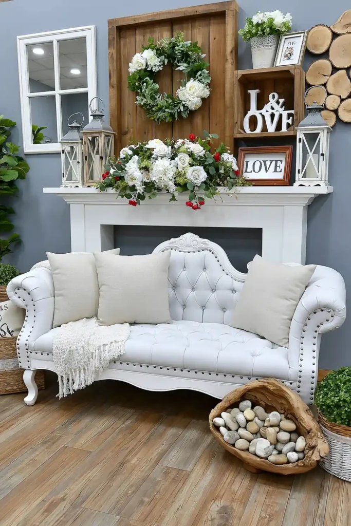 Brilliant Home Design Makeover Ideas for a More Personal Home 28 White tufted settee with curved arms, pale pillows, throw blanket, lanterns, and farmhouse wall decor