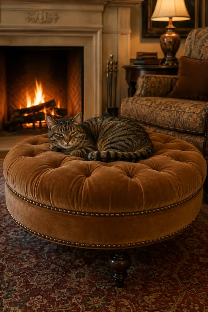Caramel-brown tufted velvet ottoman cat bed with nailhead trim, tabby cat, lit fireplace, upholstered chair, and lamp.