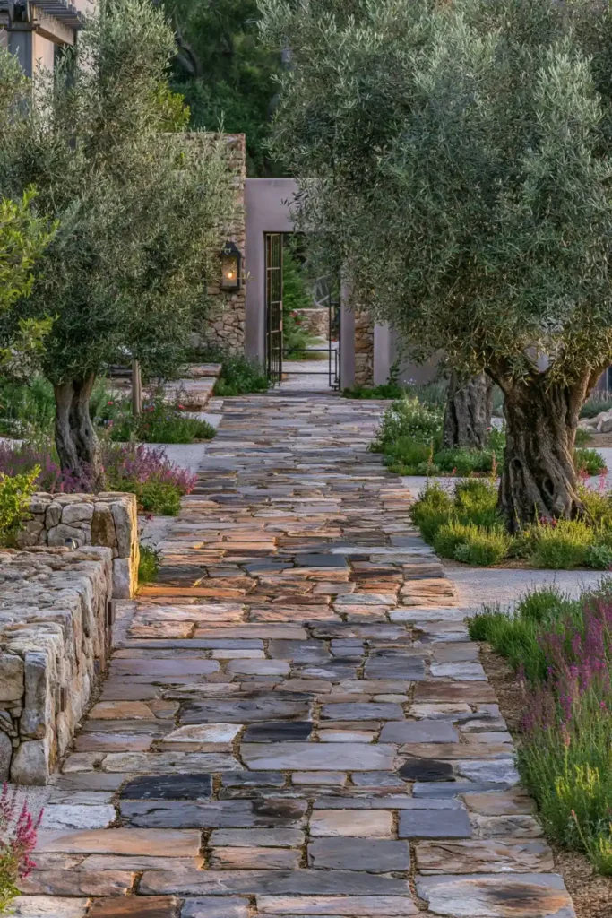 Stunning Garden Walkway Layout Ideas for a Beautiful Outdoor Path 6 Tuscany-inspired garden walkway with warm stone paving, olive trees, lush greenery, and a golden dusk glow.