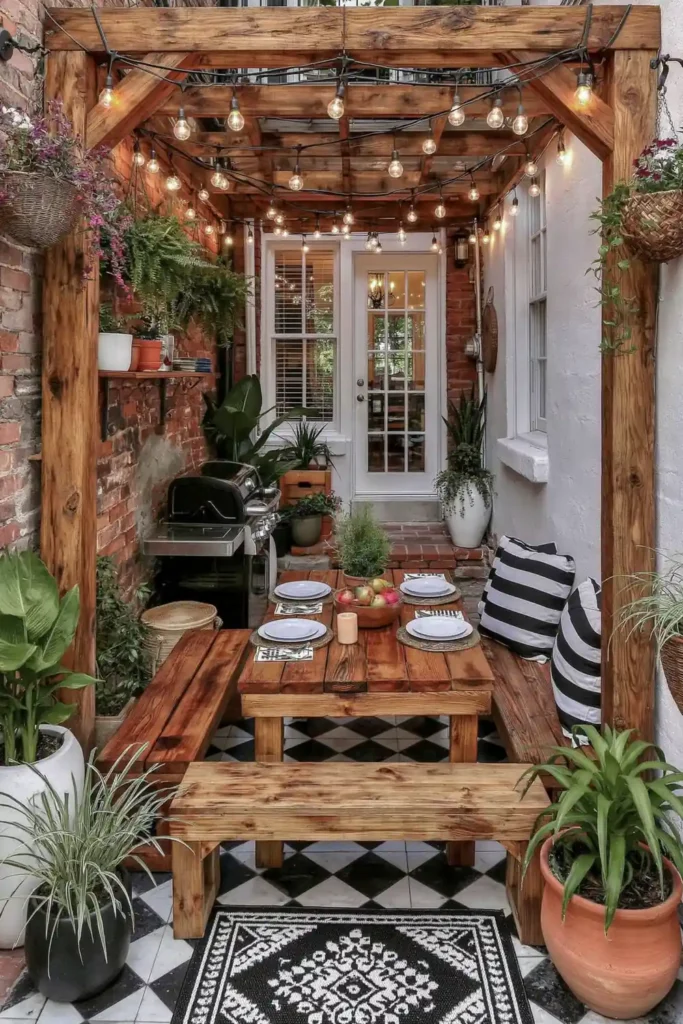 Brilliant Home Design Makeover Ideas for a More Personal Home 36 Narrow outdoor dining nook with wood pergola frame, string lights, wooden table, benches, and potted plants