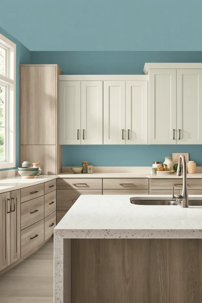 Two-toned modern kitchen with pale blue walls, light wood cabinets, white counters, and a large island