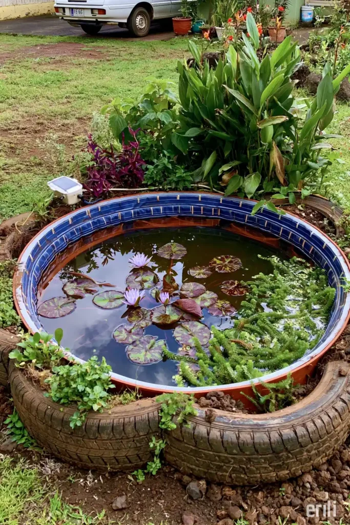 20 Budget-Friendly Outdoor Landscaping Ideas for a Charming Yard 14 Small tyre pond with aquatic plants and a solar-powered pump in a backyard garden.