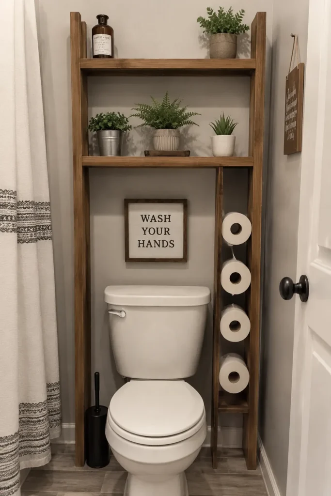 Brilliant Home Design Makeover Ideas for a More Personal Home 31 Small bathroom toilet area with wooden ladder-style shelf, plants, bottle, and stacked toilet paper rolls
