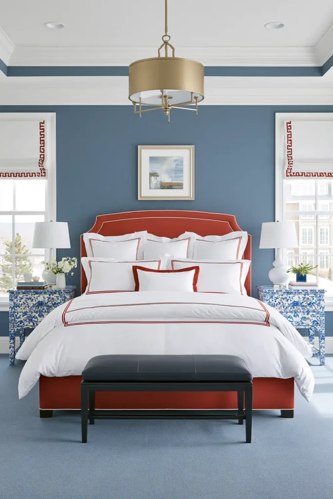 Medium blue bedroom with crisp white bedding, red accents, patterned bedside tables, and a gold pendant light.