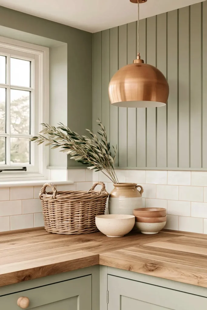 Sage vertical kitchen paneling with copper pendant, wicker basket, leafy stems, pottery, and wood countertop.