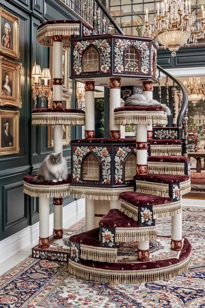 Victorian carved wood cat tower with burgundy velvet platforms, gold fringe, chandeliers, and a dark green traditional room.
