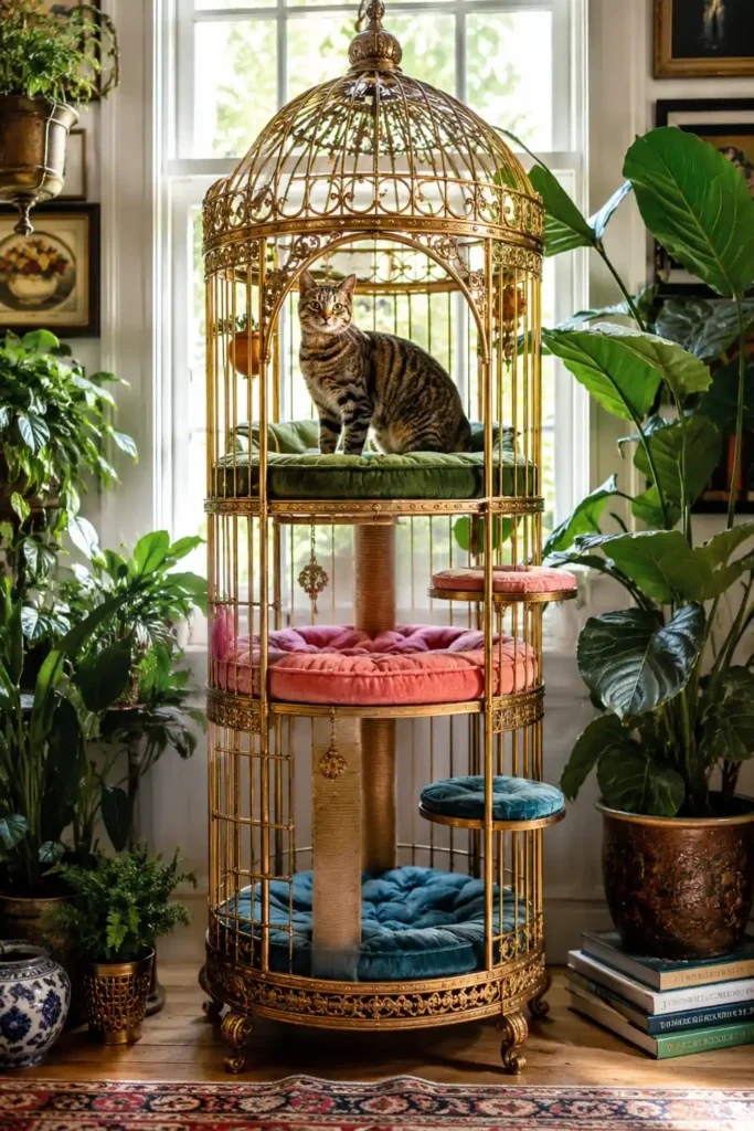 Vintage birdcage cat tree with gold-toned ornate metalwork, colorful cushions, potted plants, stacked books, and a cat on the upper perch.