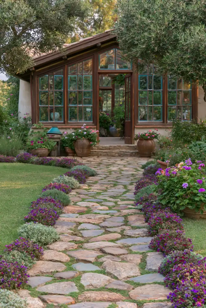 Stunning Garden Walkway Layout Ideas for a Beautiful Outdoor Path 20 Vintage greenhouse walkway with irregular flagstones, potted geraniums, vibrant flowers, and warm sunset light.