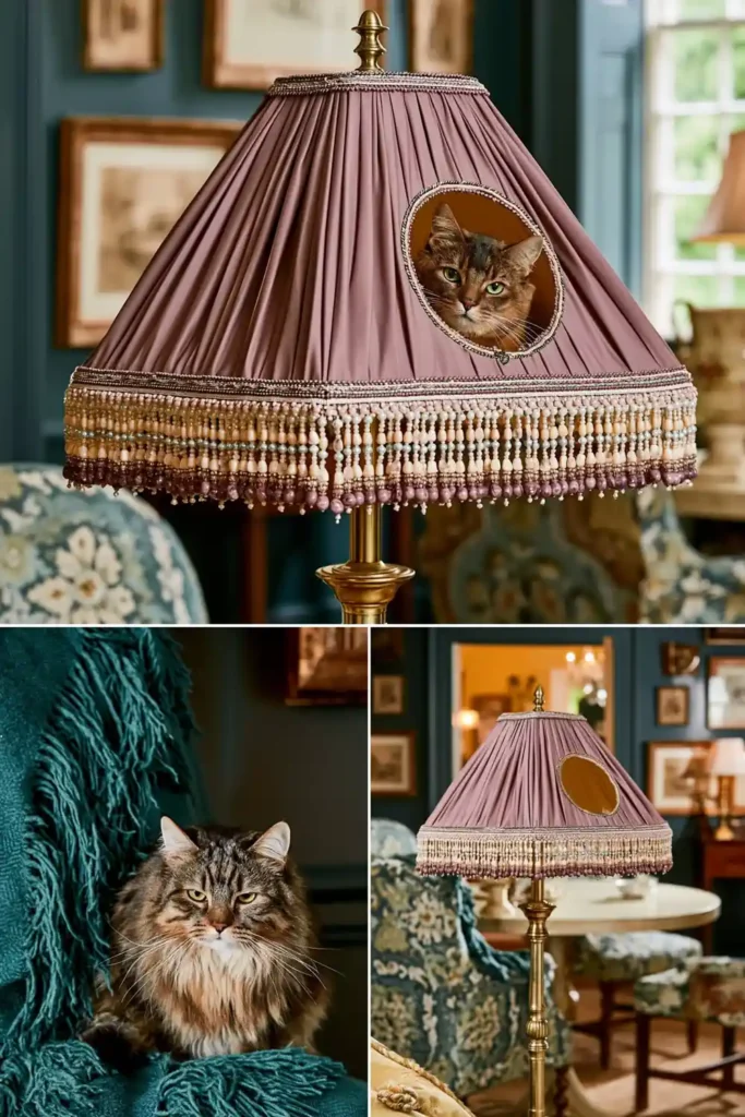 Vintage pink pleated lampshade cat cave with beaded fringe, brass base, teal fringed throw, framed artwork, and patterned chairs.