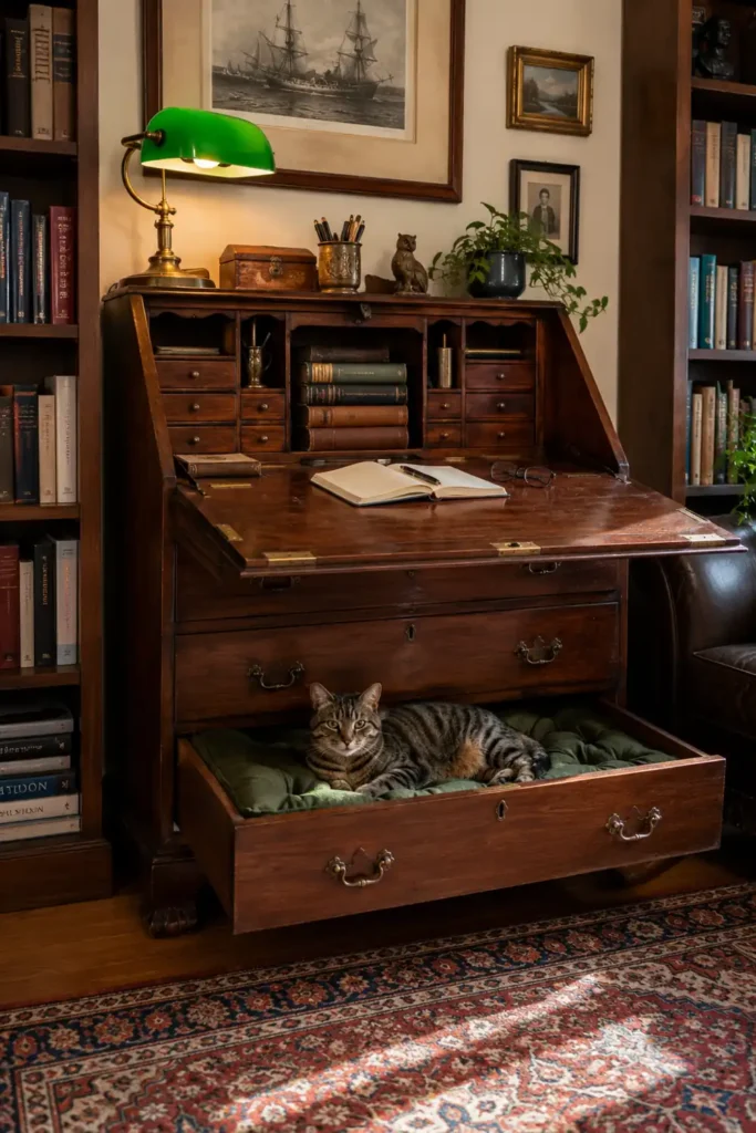 Vintage wooden secretary desk with hidden cat cubby, green tufted cushion, banker lamp, bookshelves, and traditional home office decor.