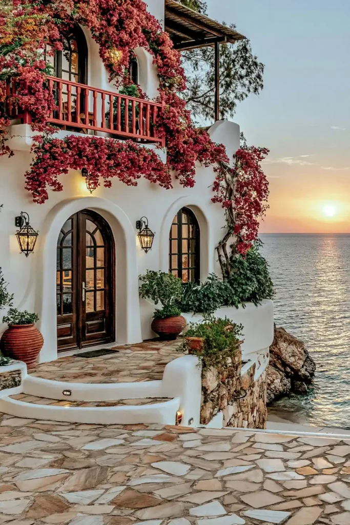 Brilliant Home Design Makeover Ideas for a More Personal Home 10 White Mediterranean-style building covered in vivid pink flowering vines at sunset