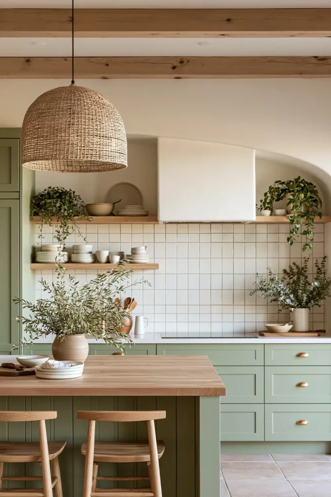 Sage kitchen with butcher block island, woven pendant, wood ceiling beam, open shelves, white tile, and wood chairs.