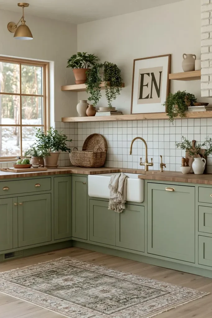 Sage kitchen cabinets with farmhouse sink, brass faucet, butcher block counters, open shelves, plants, and woven basket.