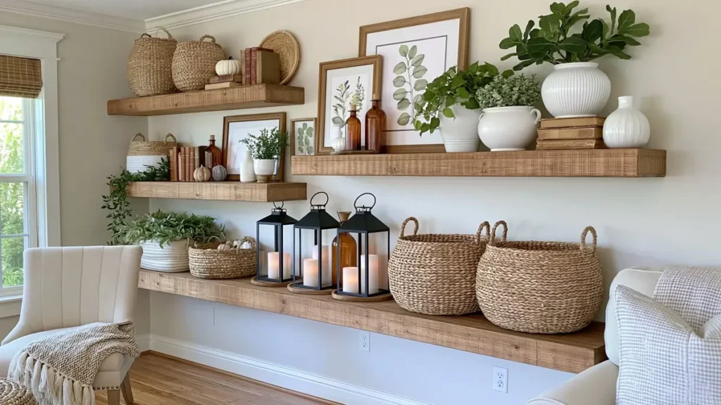 Warm farmhouse living room shelf decor with rustic wood shelves, baskets, books, botanical art, greenery, lanterns, amber glass, and soft candlelight