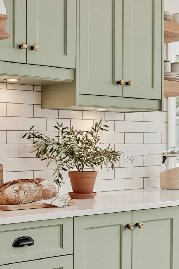 Sage kitchen cabinets with white counter, warm under-cabinet lighting, bread tray, potted plant, white subway backsplash, and glass jar.