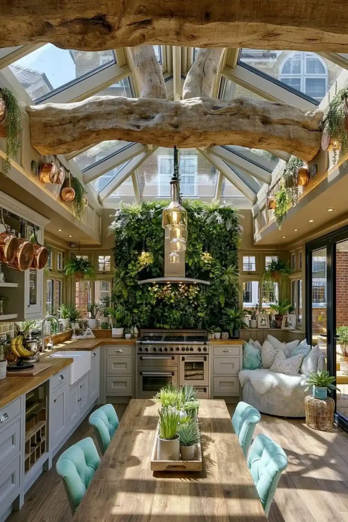 Brilliant Home Design Makeover Ideas for a More Personal Home 5 Rustic garden-room kitchen with rough wood beam, copper pots, plant wall, and turquoise chairs