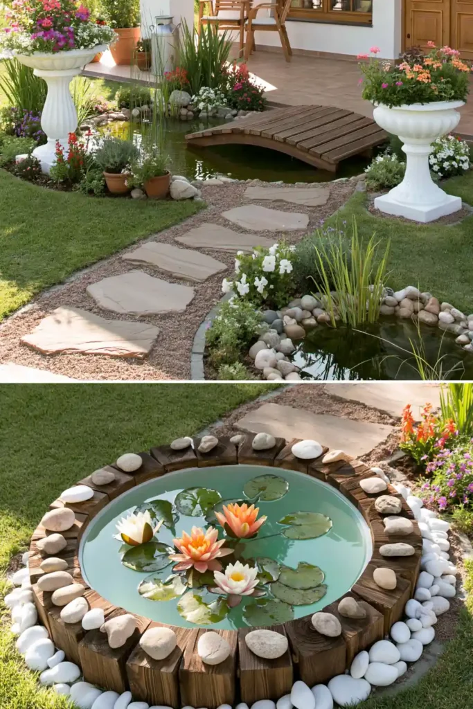 Brilliant Home Design Makeover Ideas for a More Personal Home 41 Garden water features with lily planter, small bridge, pedestal planter, stepping-stone paths, and stone-edged pond