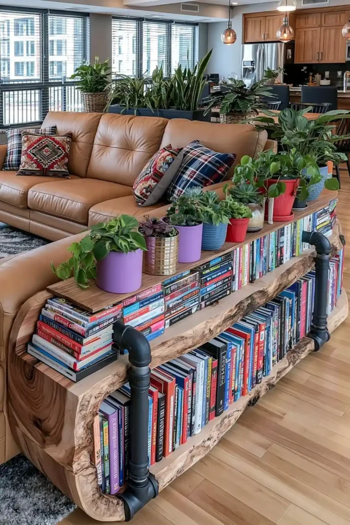 Brilliant Home Design Makeover Ideas for a More Personal Home 18 Rustic wooden sofa table behind a tan leather couch with books, plants, and black pipe supports