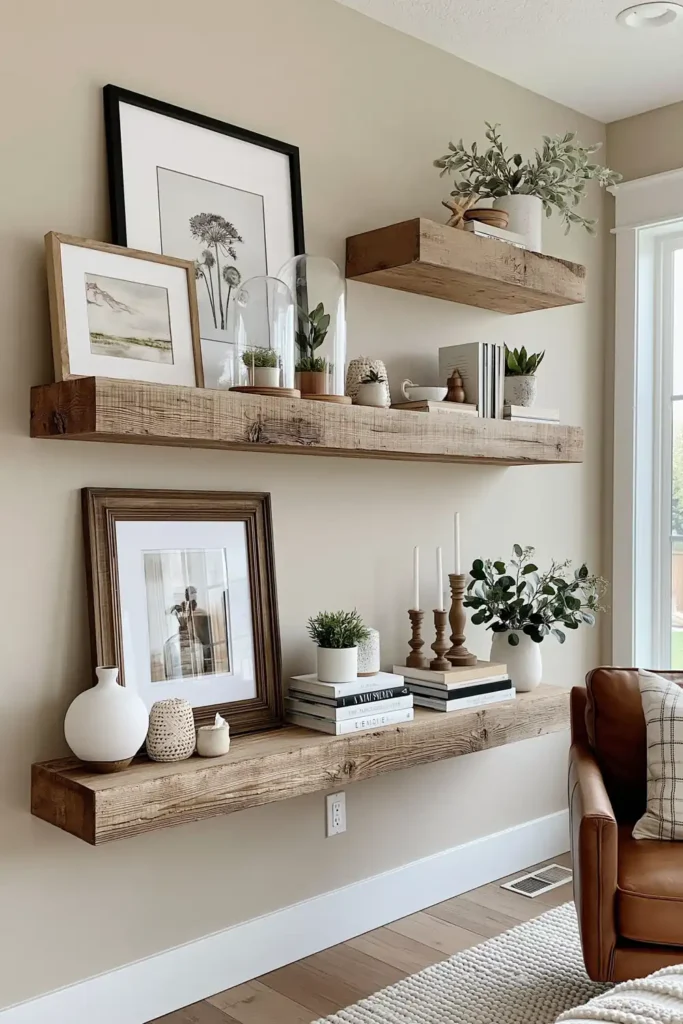 Weathered wood farmhouse shelves with framed artwork, glass cloches, small plants, books, candlesticks, and a leather chair nearby