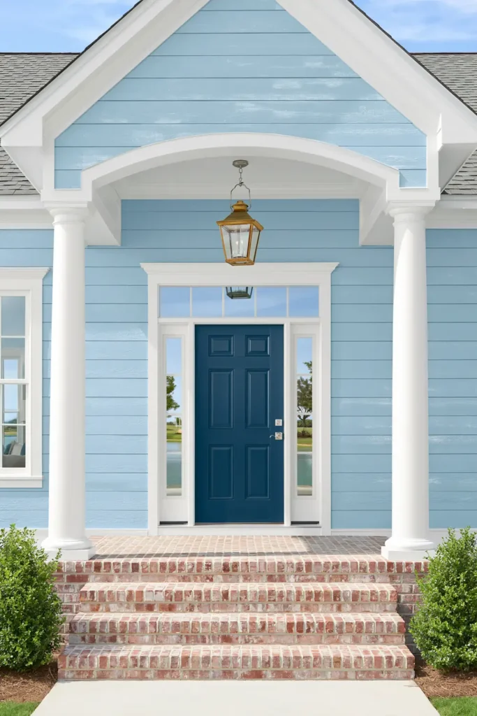Welcoming exterior entry with pale blue siding, dark blue front door, white trim, brick steps, and porch lantern