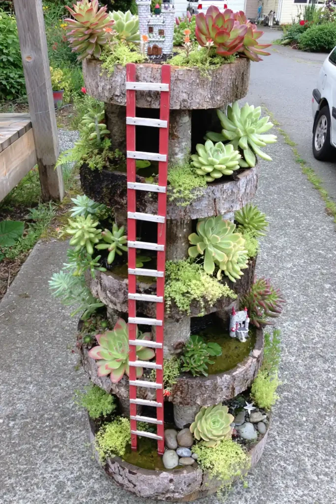 20 Budget-Friendly Outdoor Landscaping Ideas for a Charming Yard 20 Whimsical flower tower with succulents and miniature garden decorations.