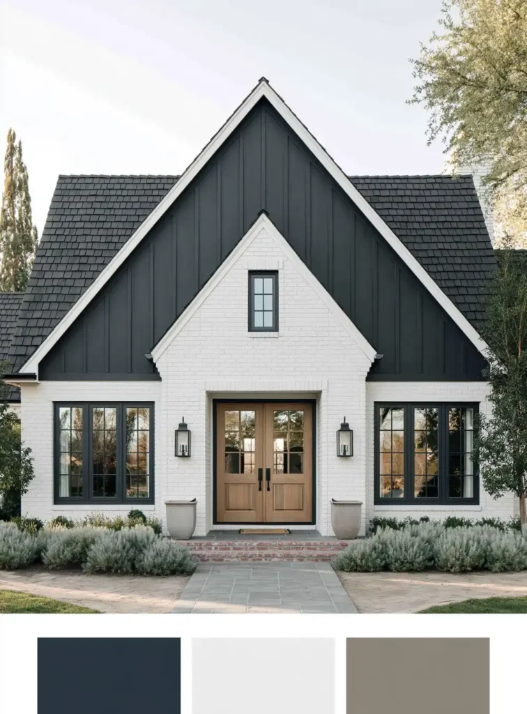 Classic Exterior Paint Color Combinations for a Timeless Home Look 10 White brick home exterior with dark upper siding, warm wood double doors, dark-framed windows, wall lanterns, and planters.