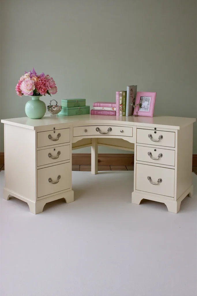 White L-shaped corner desk with drawer storage and silver pulls for a guest-friendly craft room layout