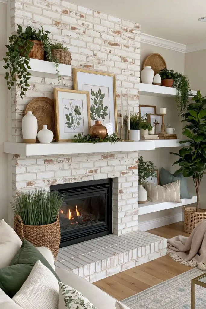 White farmhouse floating shelves beside a painted brick fireplace with baskets, botanical prints, white pottery, candles, and plants