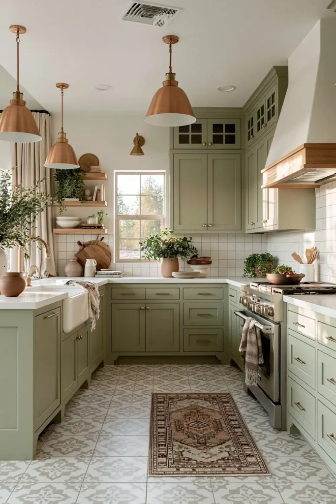Light sage kitchen with white counters, gray-and-white patterned floor tile, copper pendants, farmhouse sink, and curtains.