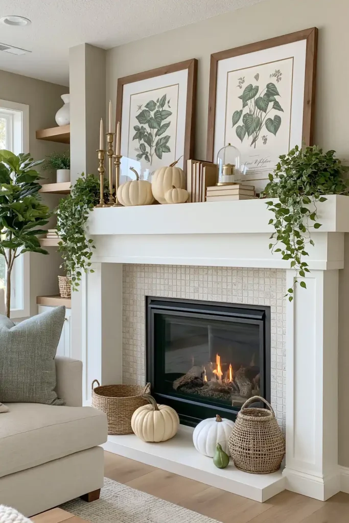 White farmhouse mantel shelves with trailing vines, brass candlesticks, botanical prints, stacked books, creamy pumpkins, and woven texture