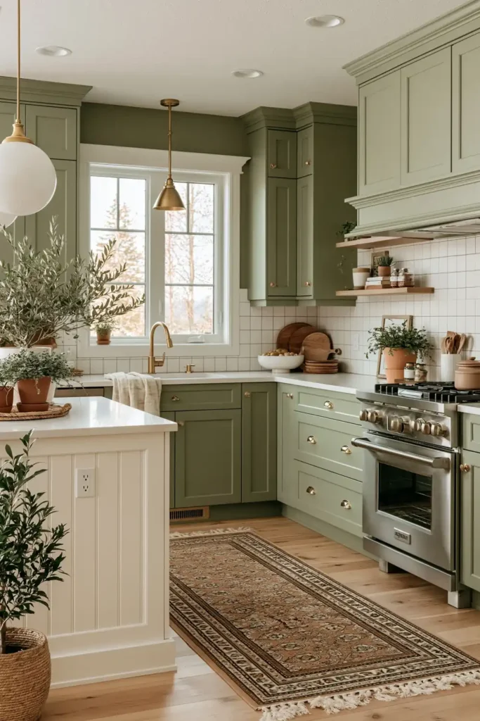 Transitional sage kitchen with white counters, white island, stainless range, pendant light, window, runner rug, and potted plant.