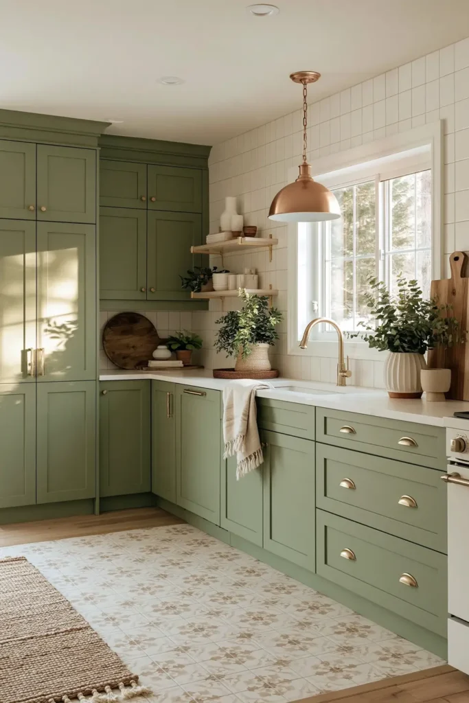 Sage green kitchen cabinetry with white backsplash, white counter, copper pendant, potted plant, and wood cutting board.