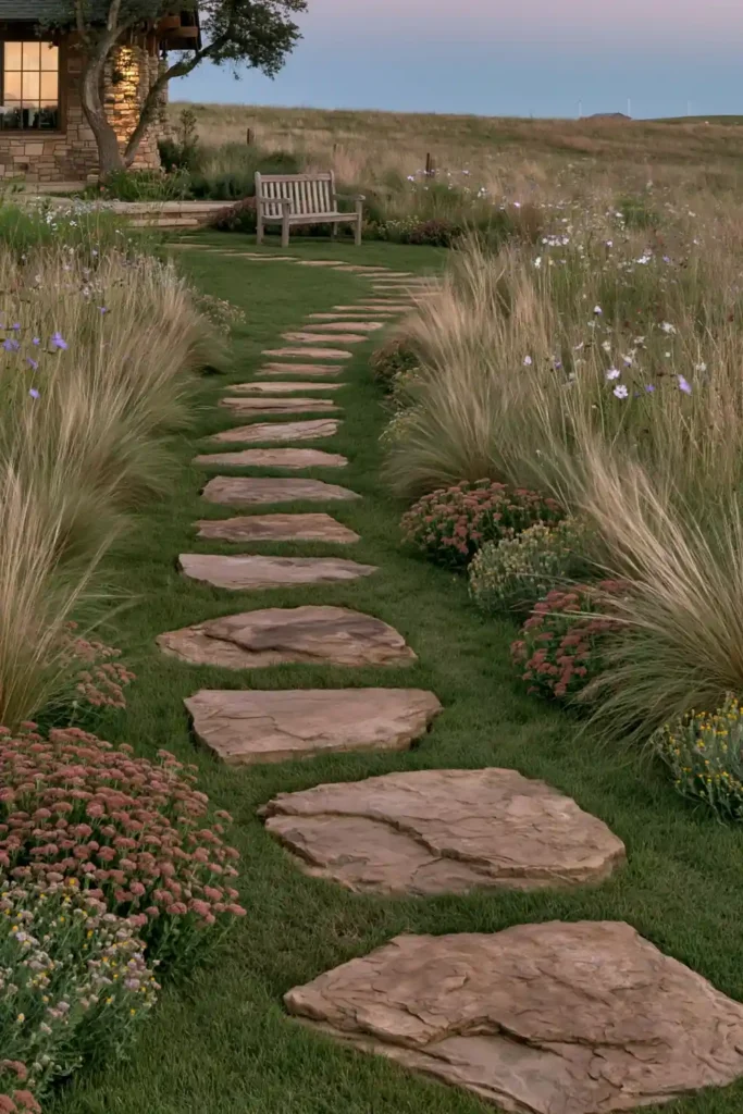 Stunning Garden Walkway Layout Ideas for a Beautiful Outdoor Path 15 Wild meadow walkway with smooth stones, tall grasses, colorful wildflowers, and a simple garden bench.