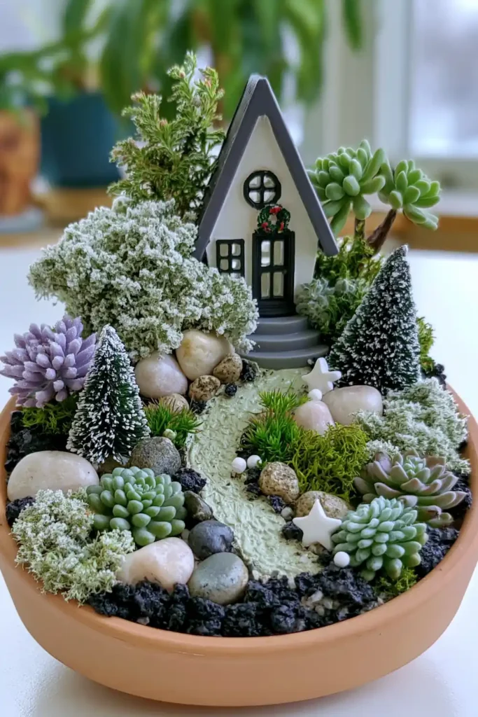 DIY Outdoor Fairy Garden Ideas for Tiny Backyard, Patio, and Seasonal Displays 12 Winter holiday fairy garden in a terracotta bowl with a small white house, frosted greenery, pale stones, miniature trees, and a light path.
