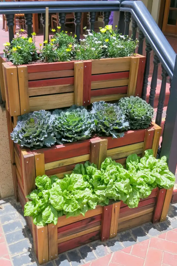 20 Budget-Friendly Outdoor Landscaping Ideas for a Charming Yard 4 Tiered wooden planter filled with leafy plants and flowers for a budget-friendly outdoor garden display.