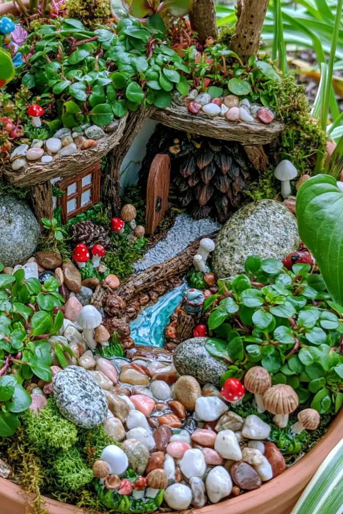 DIY Outdoor Fairy Garden Ideas for Tiny Backyard, Patio, and Seasonal Displays 5 Woodland fairy garden with dense leafy plants, small stones, tiny mushrooms, a pinecone-like hut, and a small path.