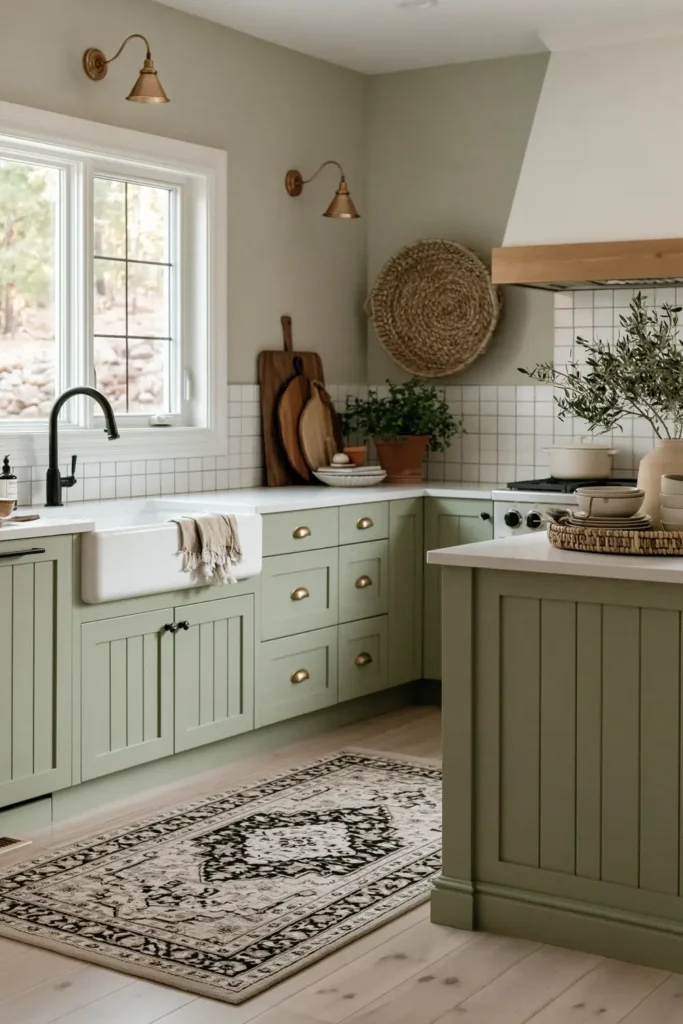 Sage kitchen with farmhouse sink, woven wall basket, copper wall light, wooden cutting boards, potted herb, and island tray.